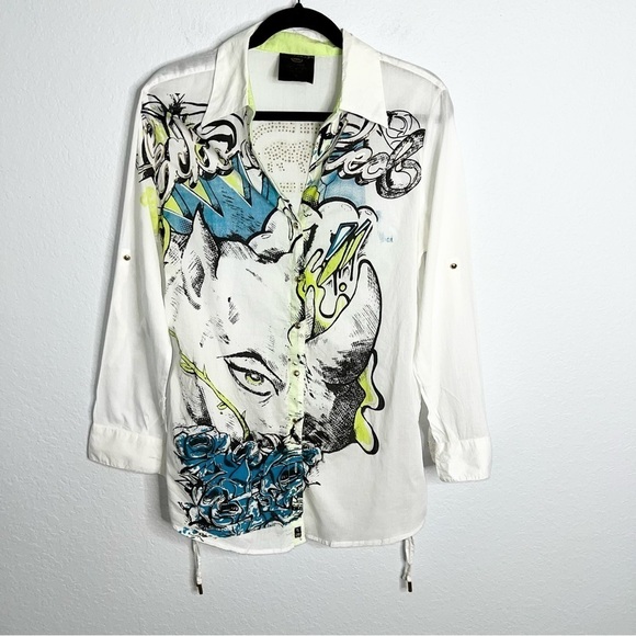 Ecko Red Top Women Large Y2K Shirt Rhino Graffiti Artsy Vintage Button Up Tunic - Picture 1 of 12